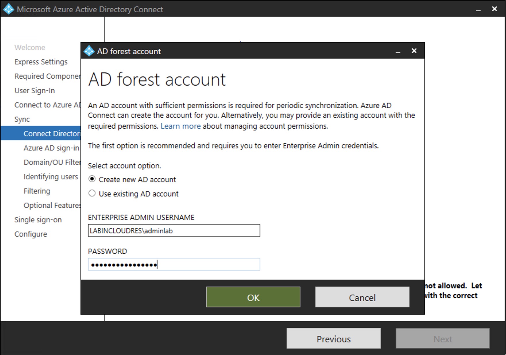 Config password. Azure ad connect. Azure ad DS. Azure account config. The account is existed..